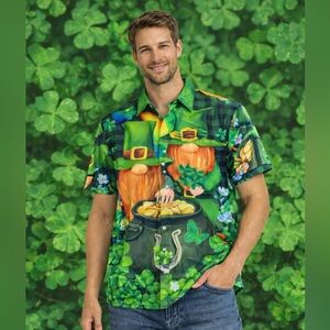 HAWAIIAN Shirt Men's St. Patrick's Day Size Large Leprechaun Pot of Gold